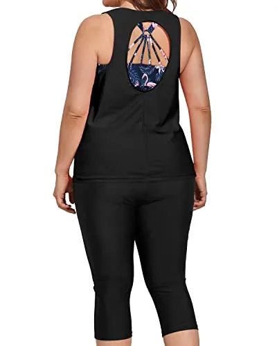 3 Piece Plus Size Swimsuits For Women Sports Bra & Swim Capris-Black Flamingo