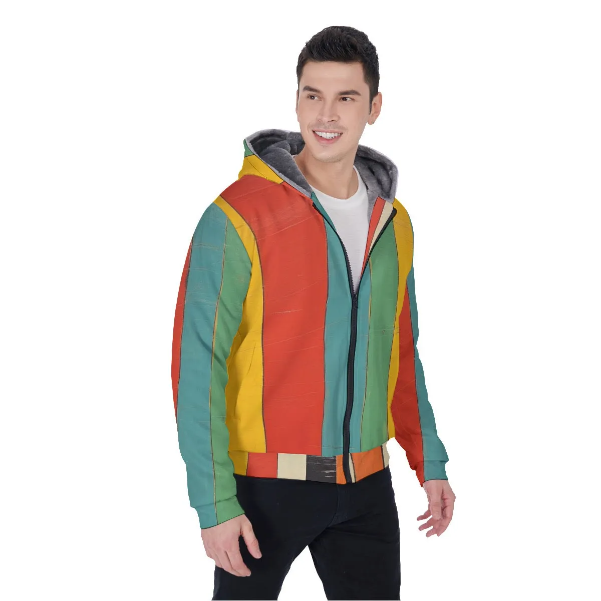 All-Over Print Men's Sherpa Fleece Zip Up Hoodie, striped , blue, yellow, red, green print,#25L