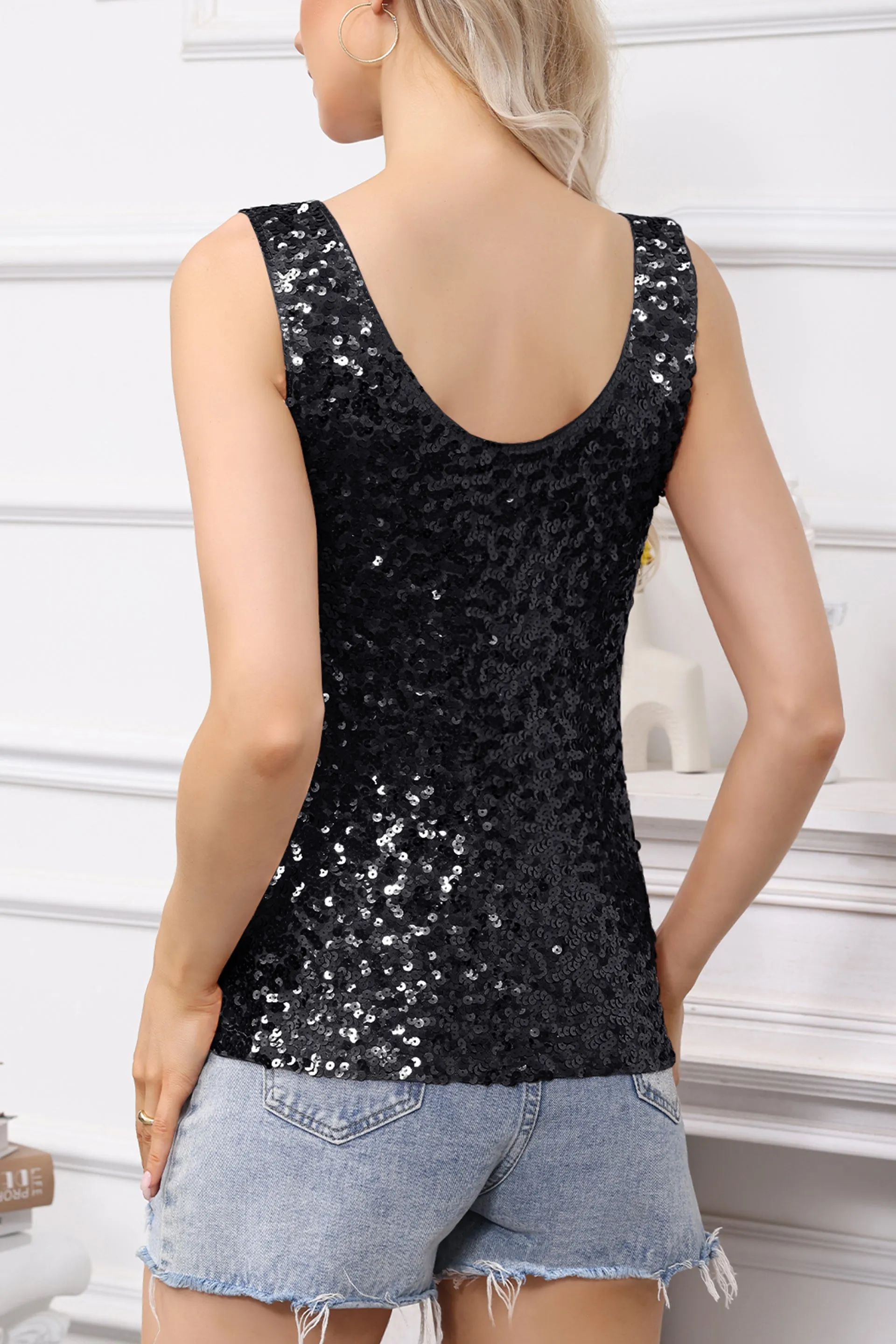 Anna-Kaci Women's Sparkly V-Neck Sequin Tank Tops Sleeveless Sexy Glitter Disco Club Party Vest