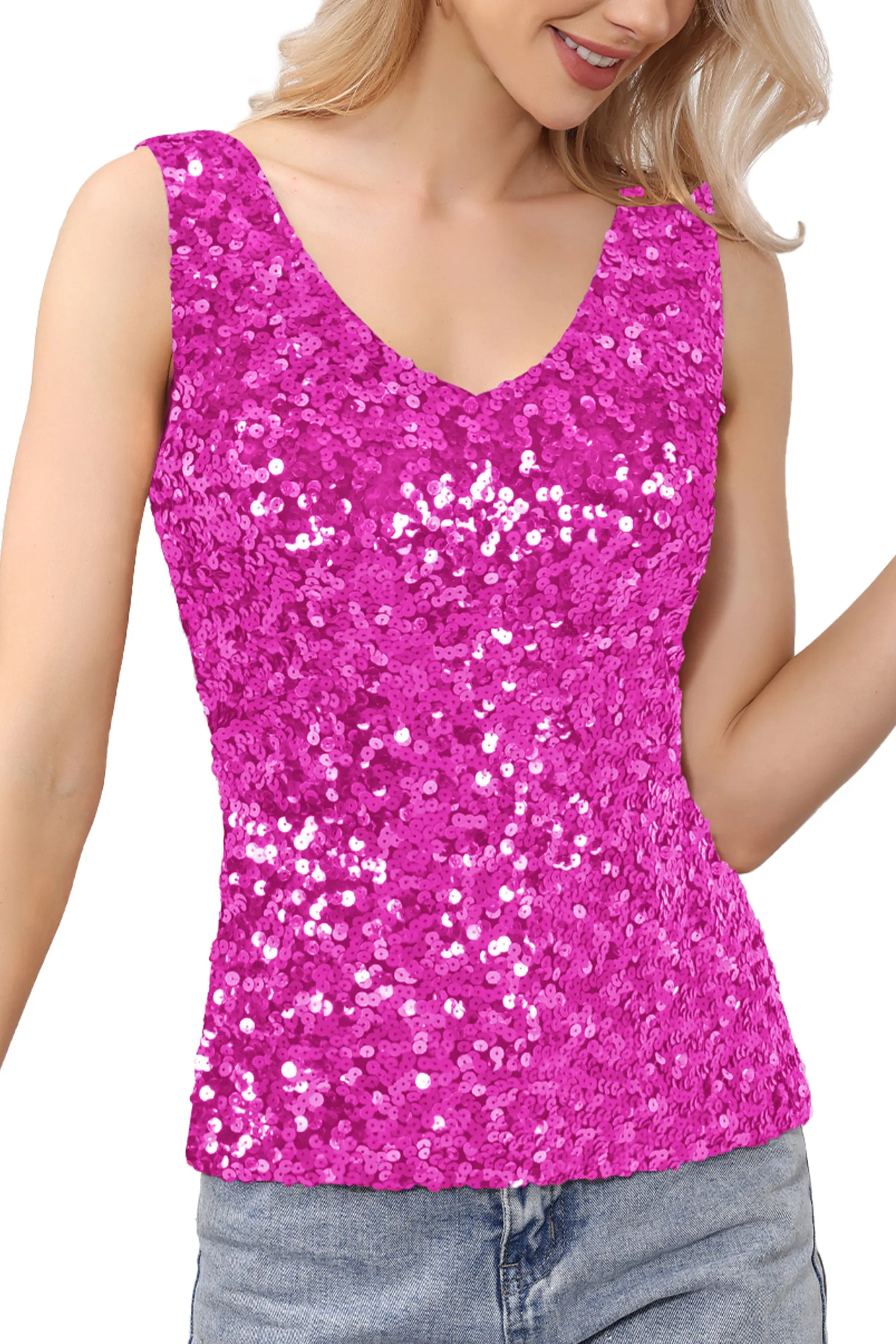 Anna-Kaci Women's Sparkly V-Neck Sequin Tank Tops Sleeveless Sexy Glitter Disco Club Party Vest