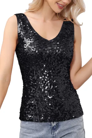 Anna-Kaci Women's Sparkly V-Neck Sequin Tank Tops Sleeveless Sexy Glitter Disco Club Party Vest