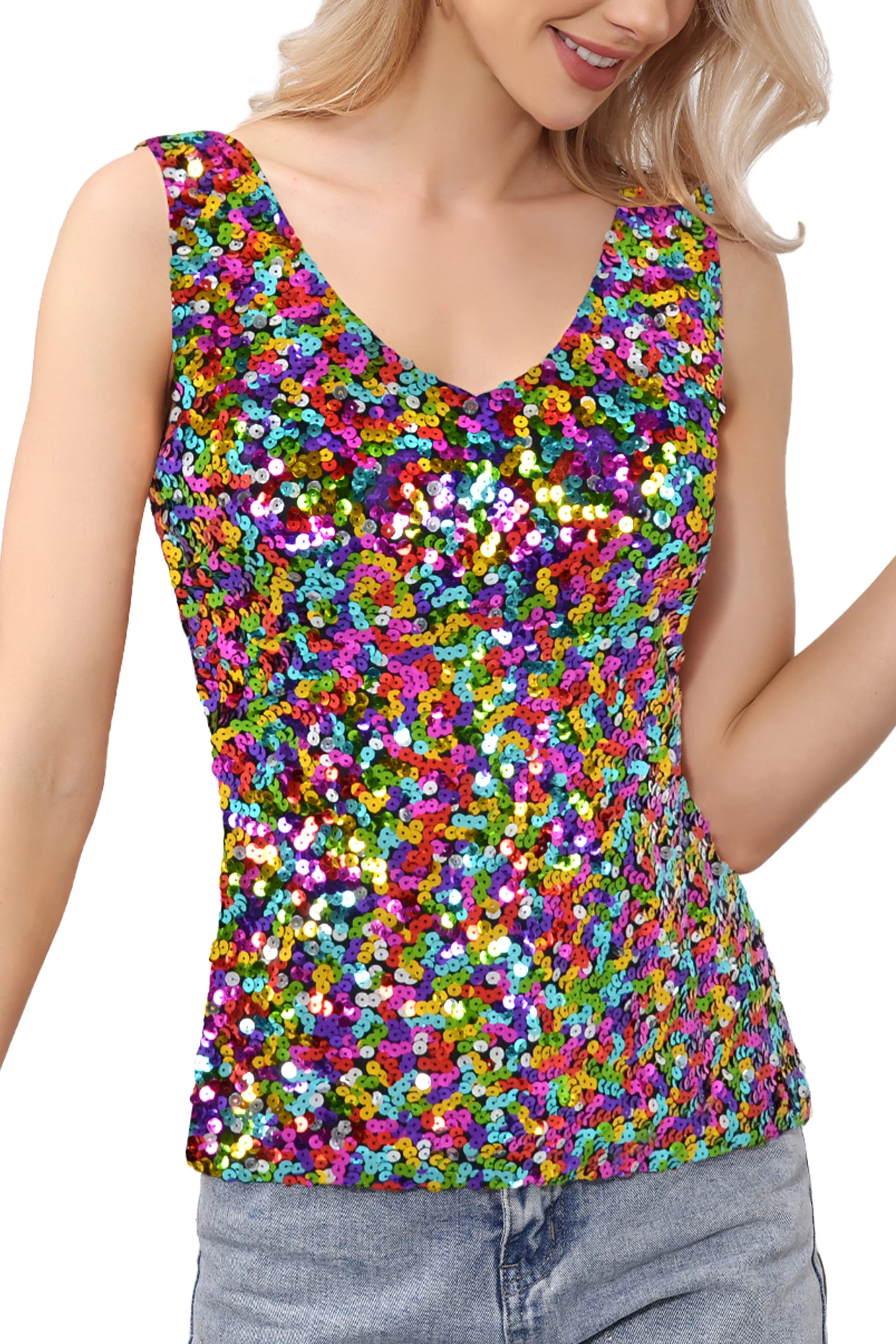 Anna-Kaci Women's Sparkly V-Neck Sequin Tank Tops Sleeveless Sexy Glitter Disco Club Party Vest