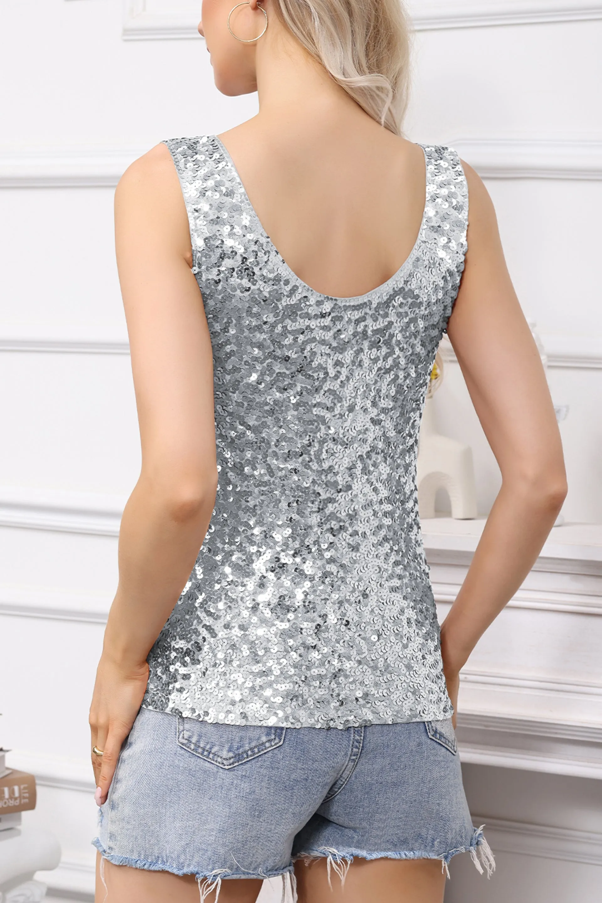 Anna-Kaci Women's Sparkly V-Neck Sequin Tank Tops Sleeveless Sexy Glitter Disco Club Party Vest