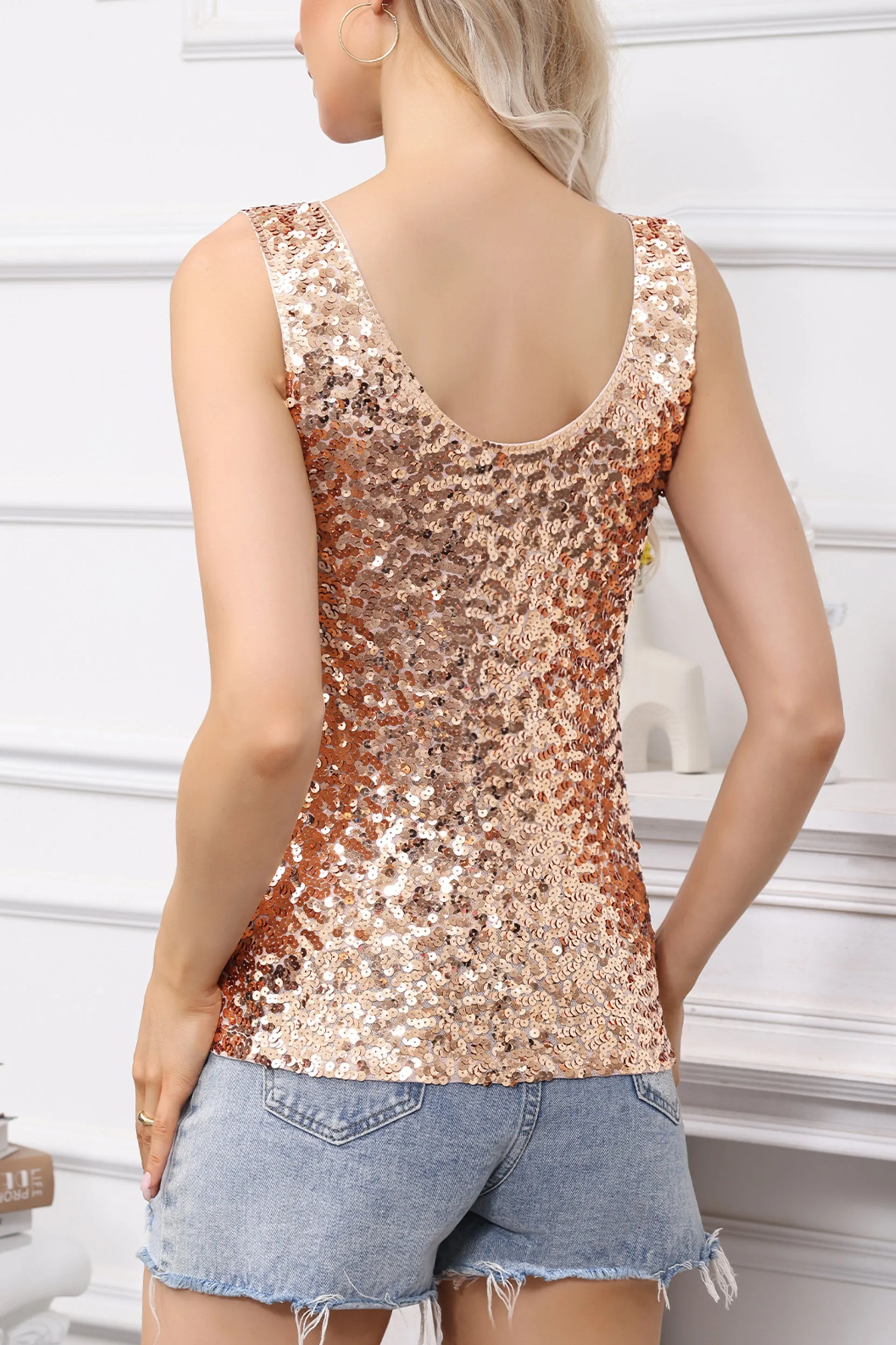 Anna-Kaci Women's Sparkly V-Neck Sequin Tank Tops Sleeveless Sexy Glitter Disco Club Party Vest