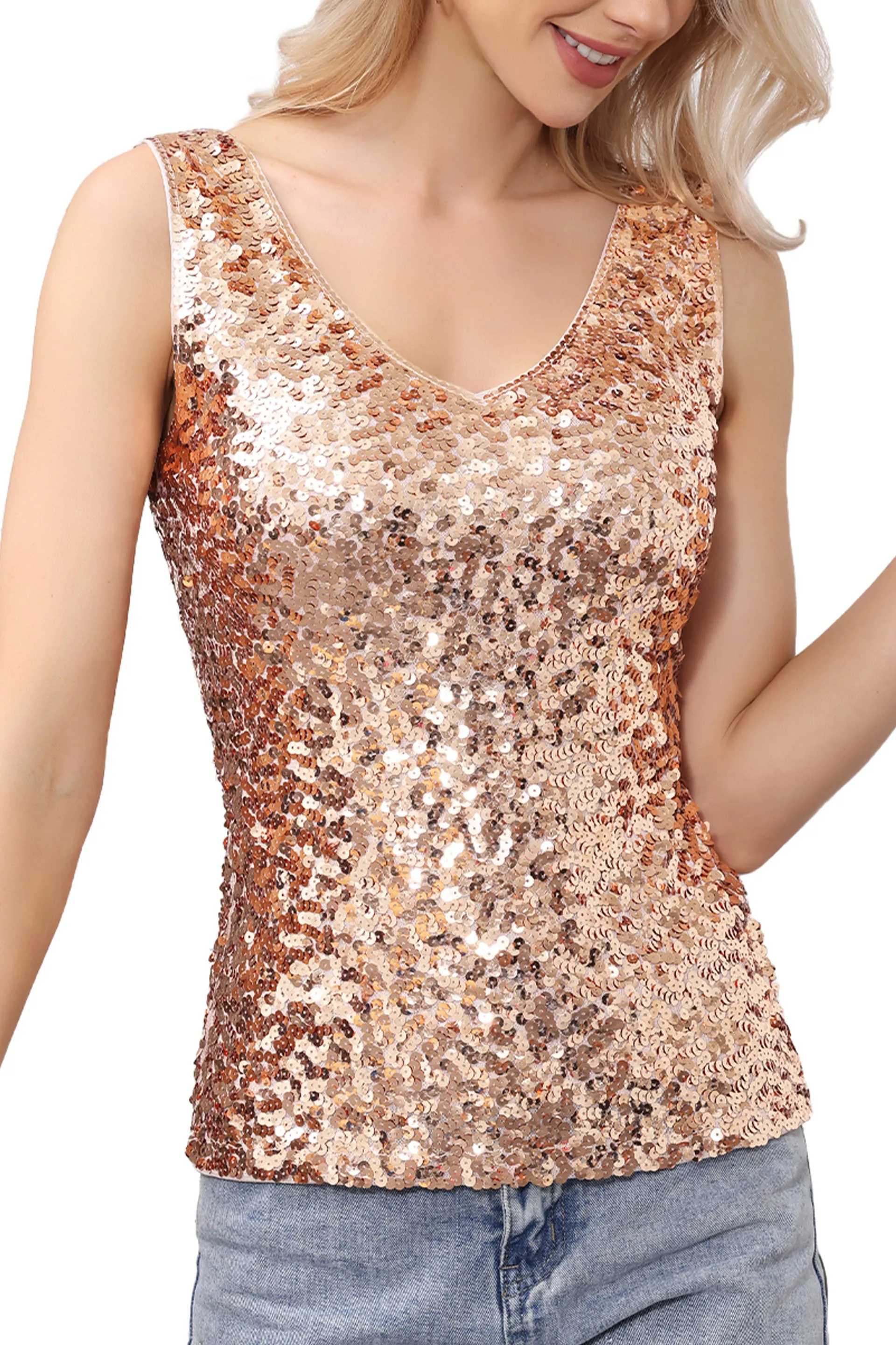 Anna-Kaci Women's Sparkly V-Neck Sequin Tank Tops Sleeveless Sexy Glitter Disco Club Party Vest