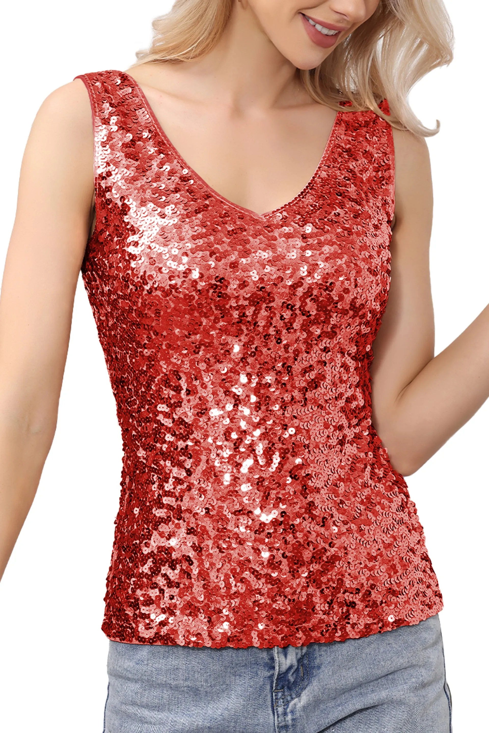 Anna-Kaci Women's Sparkly V-Neck Sequin Tank Tops Sleeveless Sexy Glitter Disco Club Party Vest