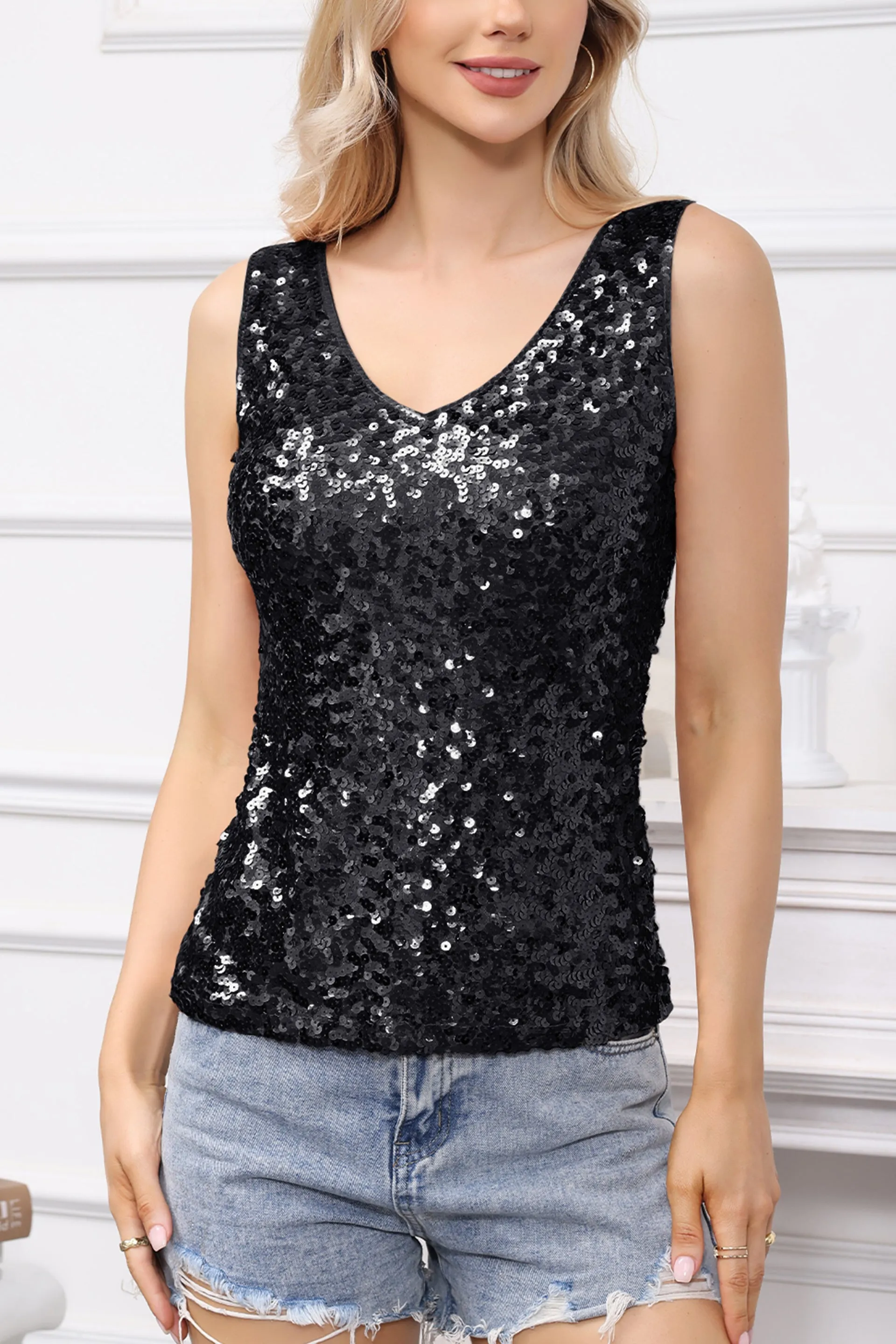 Anna-Kaci Women's Sparkly V-Neck Sequin Tank Tops Sleeveless Sexy Glitter Disco Club Party Vest