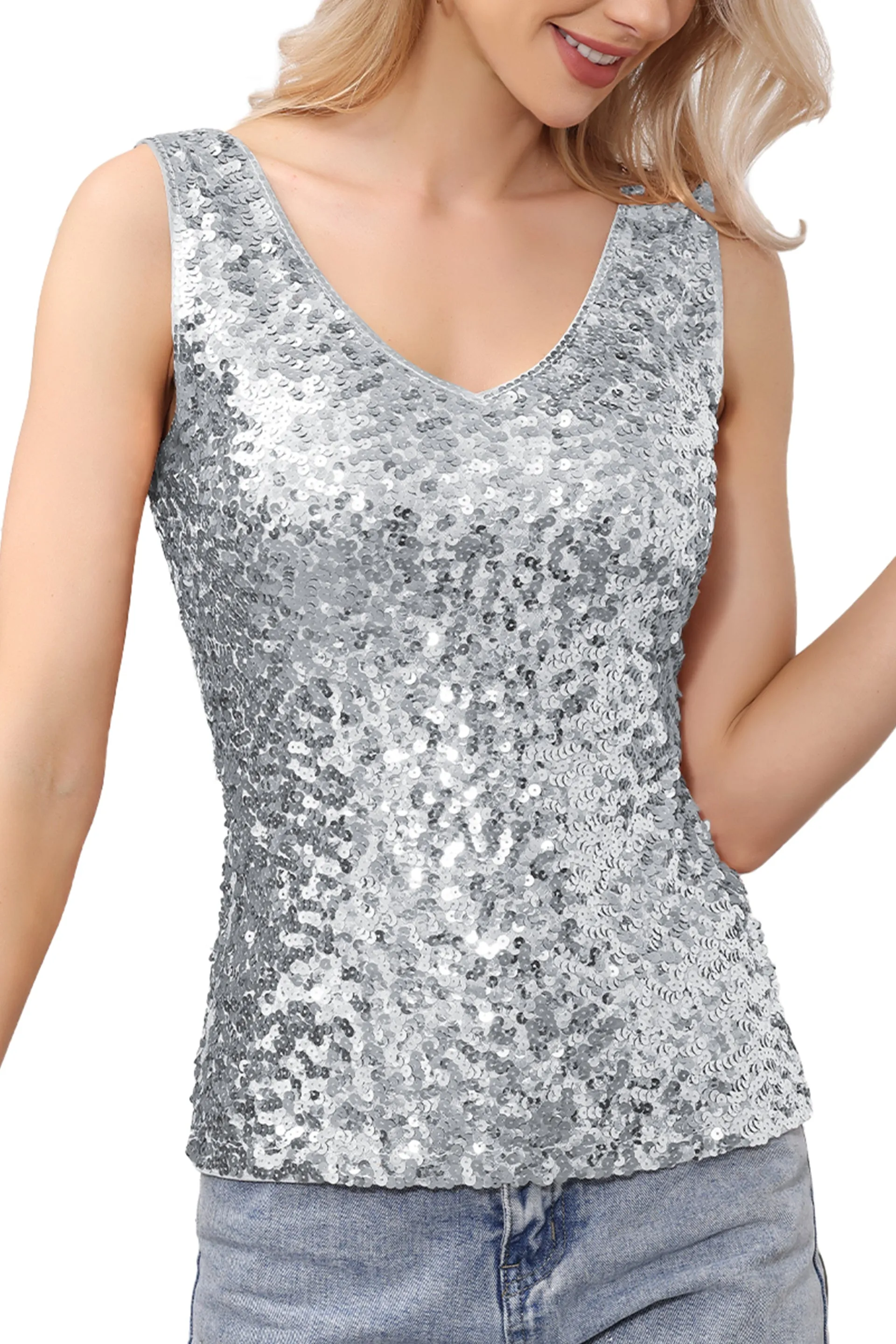 Anna-Kaci Women's Sparkly V-Neck Sequin Tank Tops Sleeveless Sexy Glitter Disco Club Party Vest