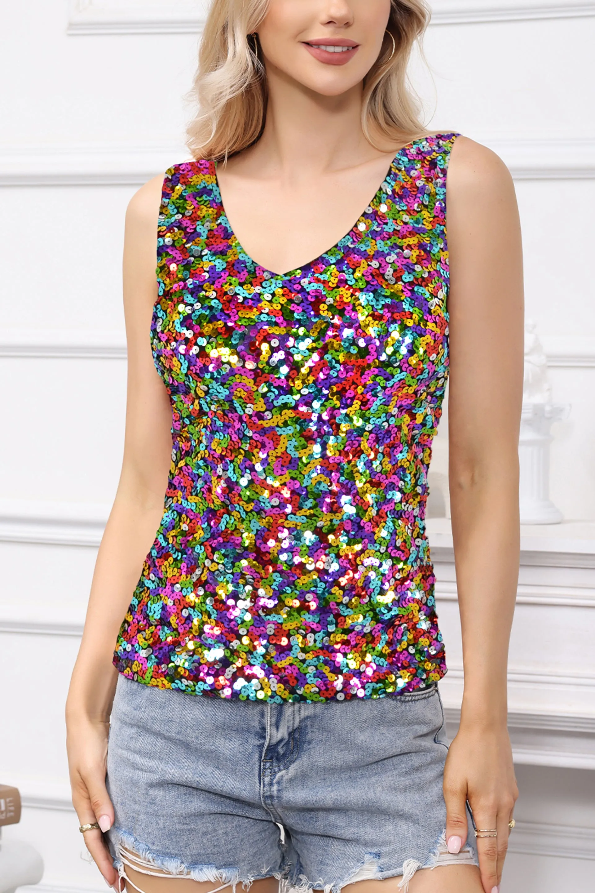 Anna-Kaci Women's Sparkly V-Neck Sequin Tank Tops Sleeveless Sexy Glitter Disco Club Party Vest