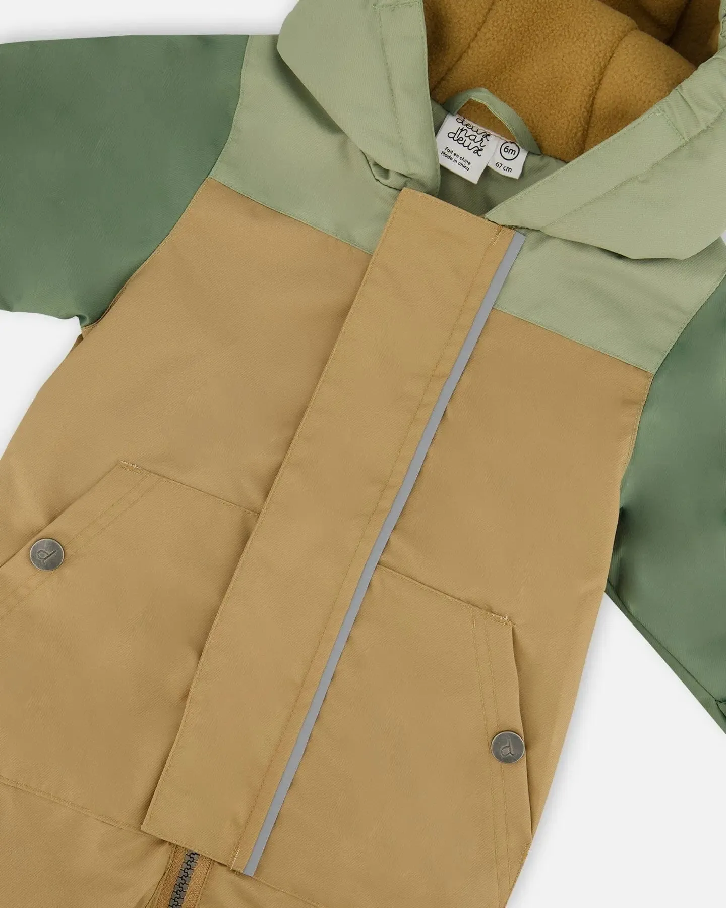 Baby Colorblock Mid-Season One-Piece Outerwear With Hat Pale Green, Sage, And Tan