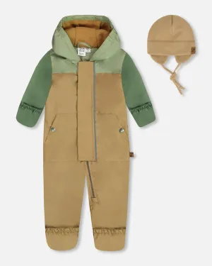 Baby Colorblock Mid-Season One-Piece Outerwear With Hat Pale Green, Sage, And Tan