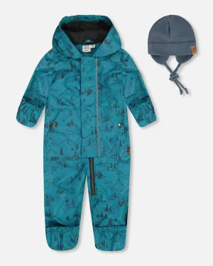 Baby Printed Mid-Season One-Piece Outerwear With Hat Blue And Gray