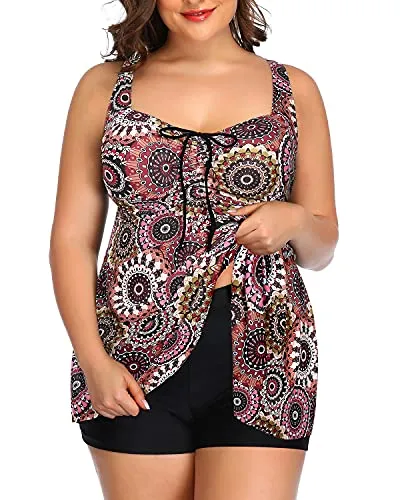 Boy Shorts Tankini Swimsuits Plus Size Flowy Swimwear For Women Shorts-Brown Print