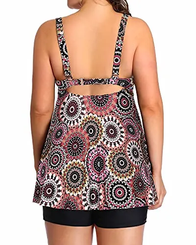 Boy Shorts Tankini Swimsuits Plus Size Flowy Swimwear For Women Shorts-Brown Print