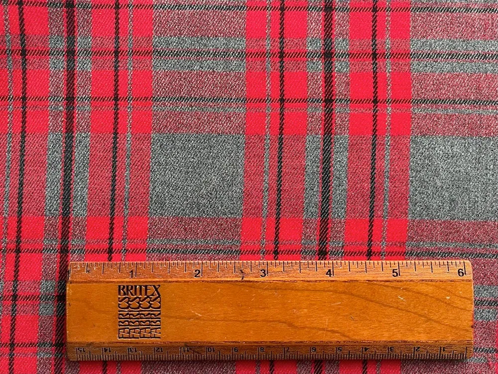 Clear Cherry, Heathered Charcoal & Soot Black Plaid Brushed Cotton (Made in Italy)