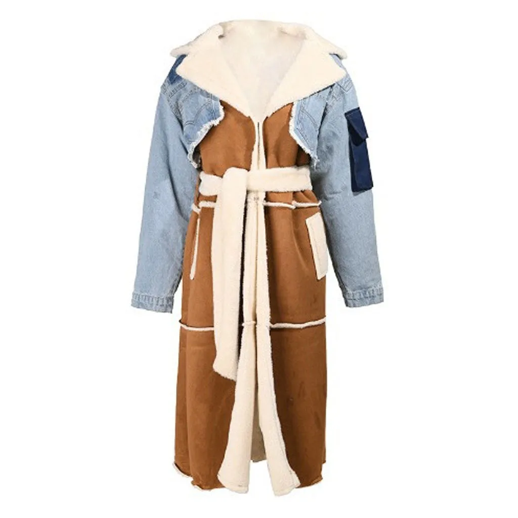 Deconstructed Faux Shearling Oversize Collar Denim Hybrid Faux Suede Coat