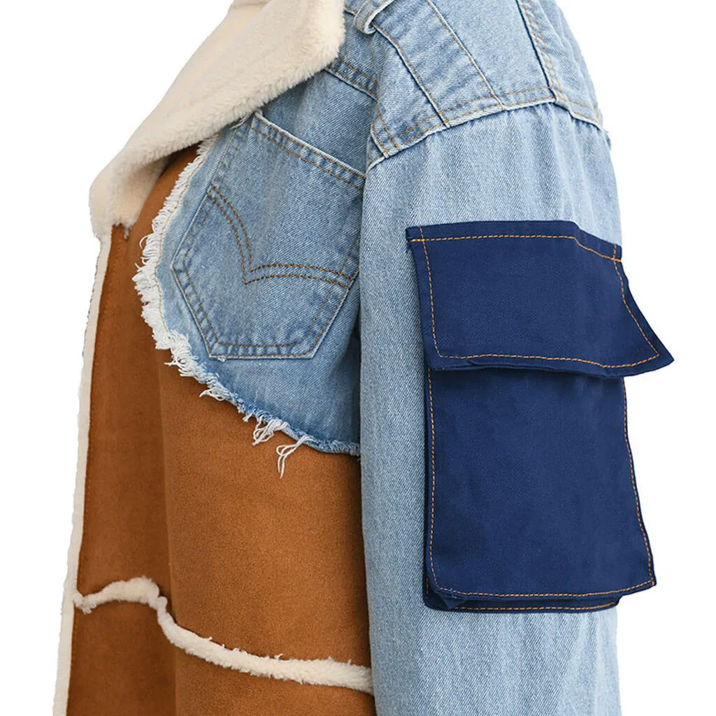 Deconstructed Faux Shearling Oversize Collar Denim Hybrid Faux Suede Coat