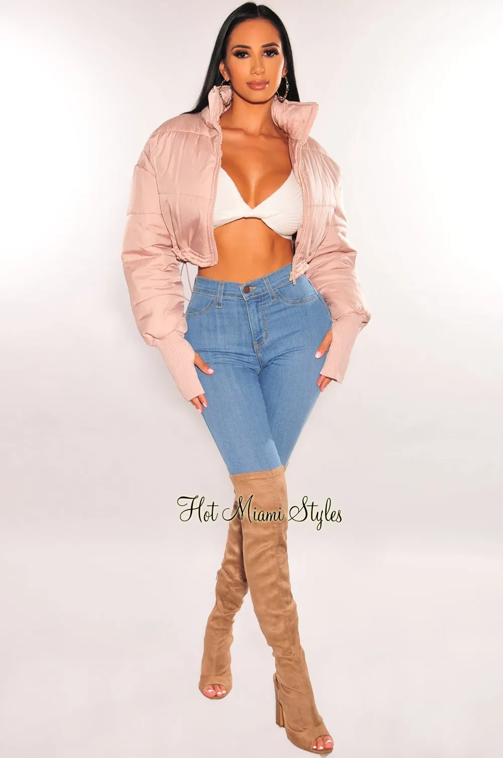 Dusty Pink Zipper Long Sleeve Cropped Puffer Jacket