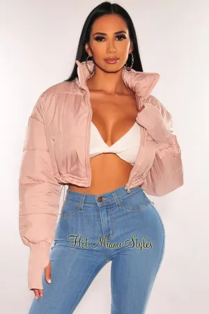 Dusty Pink Zipper Long Sleeve Cropped Puffer Jacket