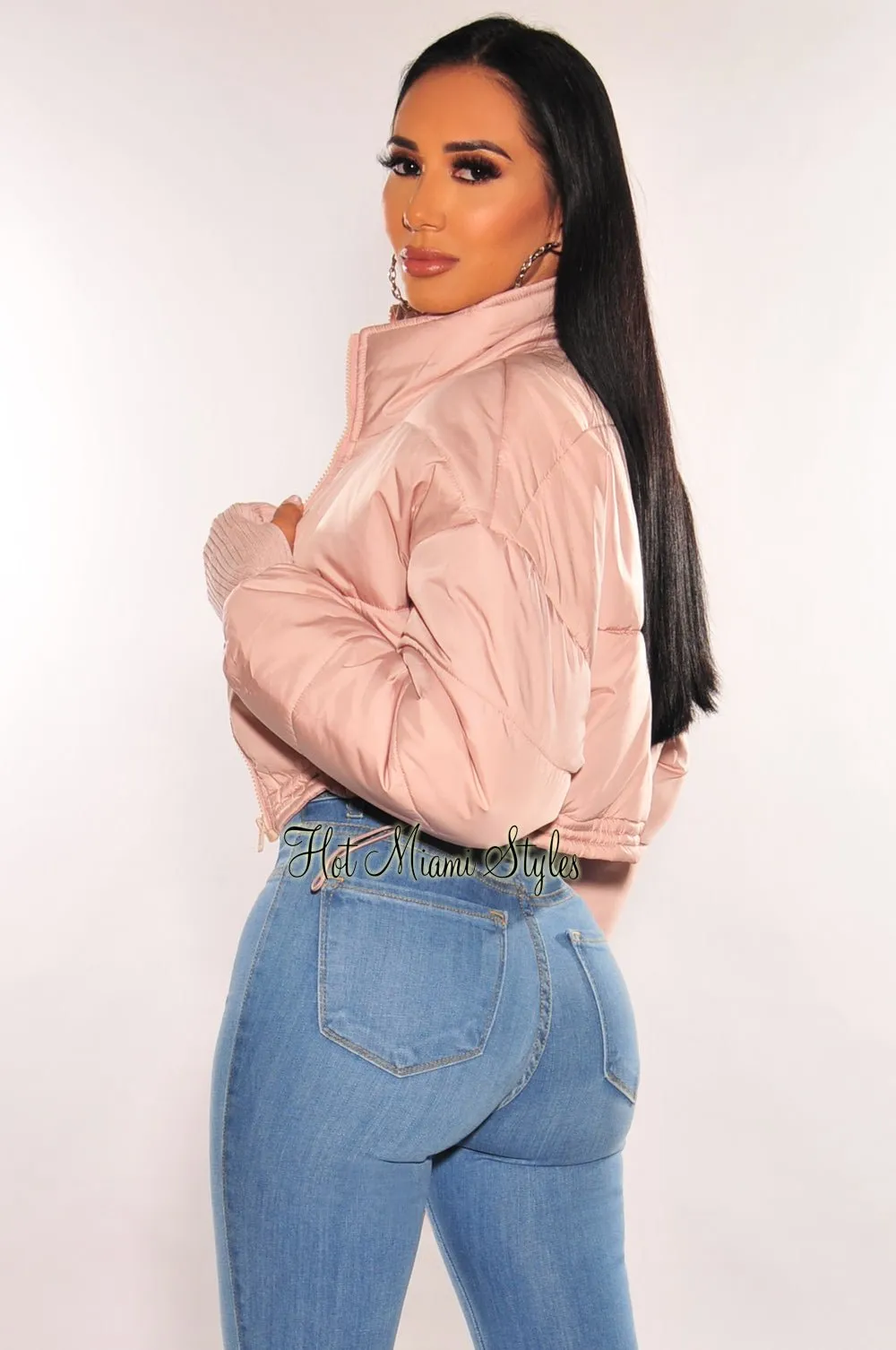 Dusty Pink Zipper Long Sleeve Cropped Puffer Jacket