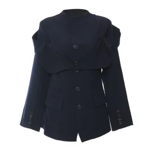 Elegant Mock Neck Pocketed Single Breasted Hybrid Layered Ruffle Blazer