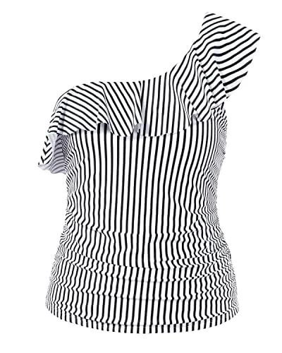 Flattering One Shoulder Swim Tops Women's Ruffle Tankini Tops with Strapless Design