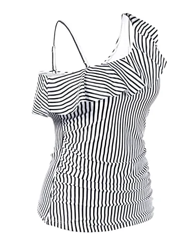 Flattering One Shoulder Swim Tops Women's Ruffle Tankini Tops with Strapless Design