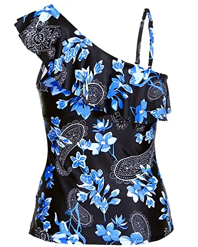 Flattering One Shoulder Tankini Top For Women Long Torso-Blue Paisley