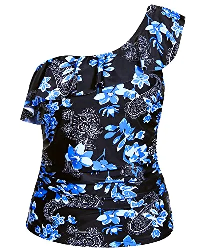 Flattering One Shoulder Tankini Top For Women Long Torso-Blue Paisley