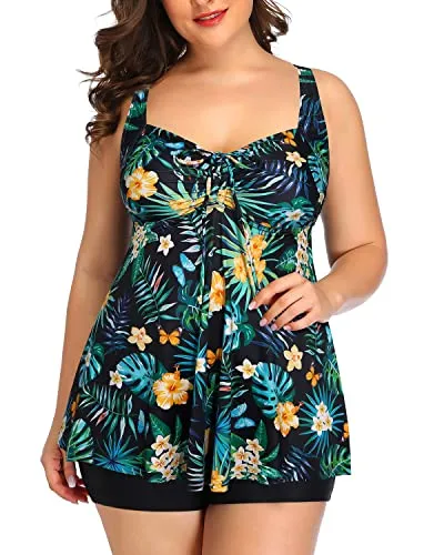 Flattering Plus Size Tankini Swimsuits Shorts For Women-Black Leaf