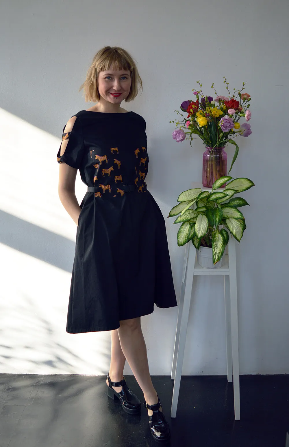 Fresh and New Spring Summer 2018 Black Cotton Dress with Contrast Pockets and Naked Shoulder Detail.