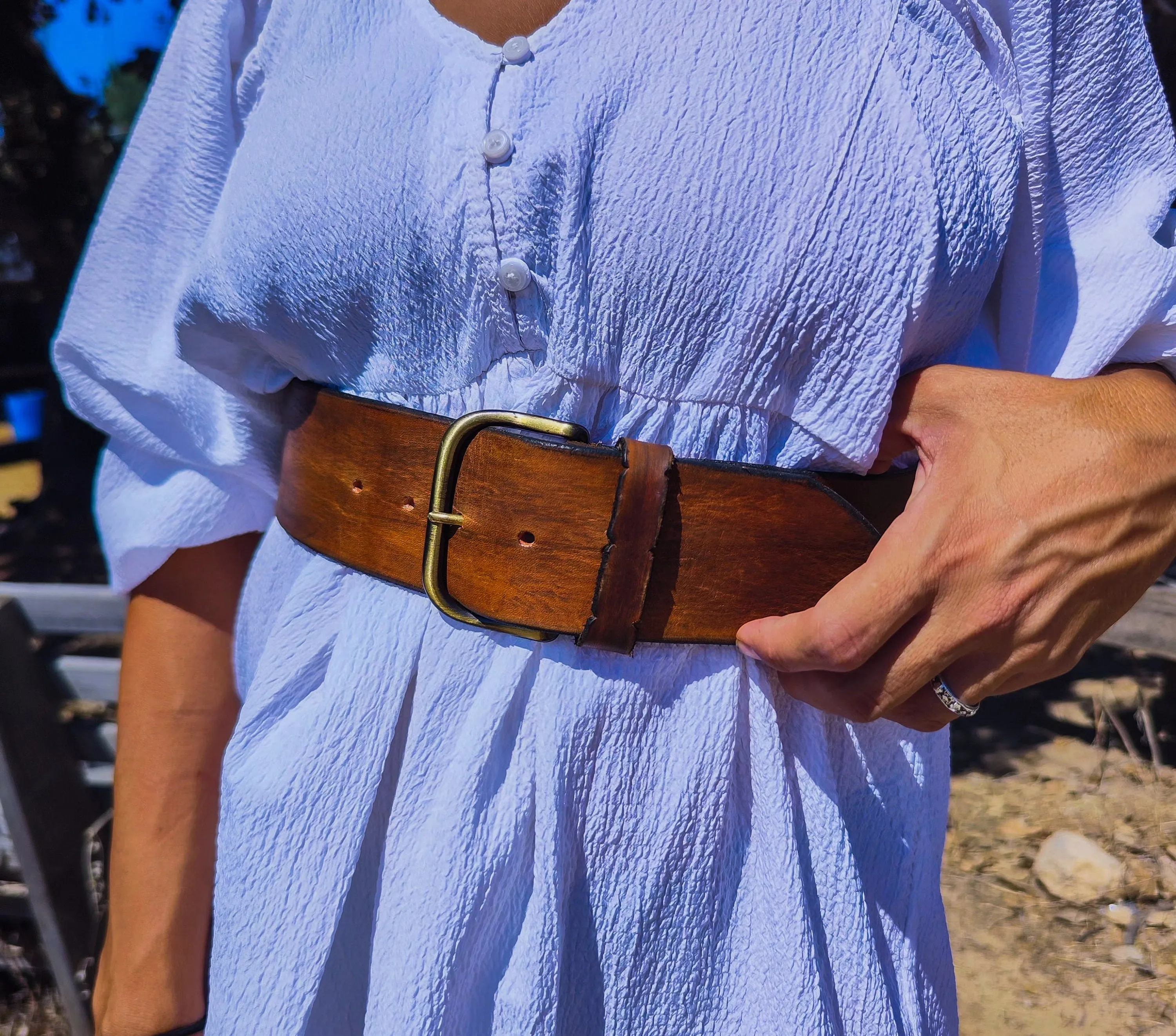 Handmade Brown Leather Waist Belt with Vintage Finish & Bronze Buckle – Perfect Statement Piece for Dresses 6cm Wide