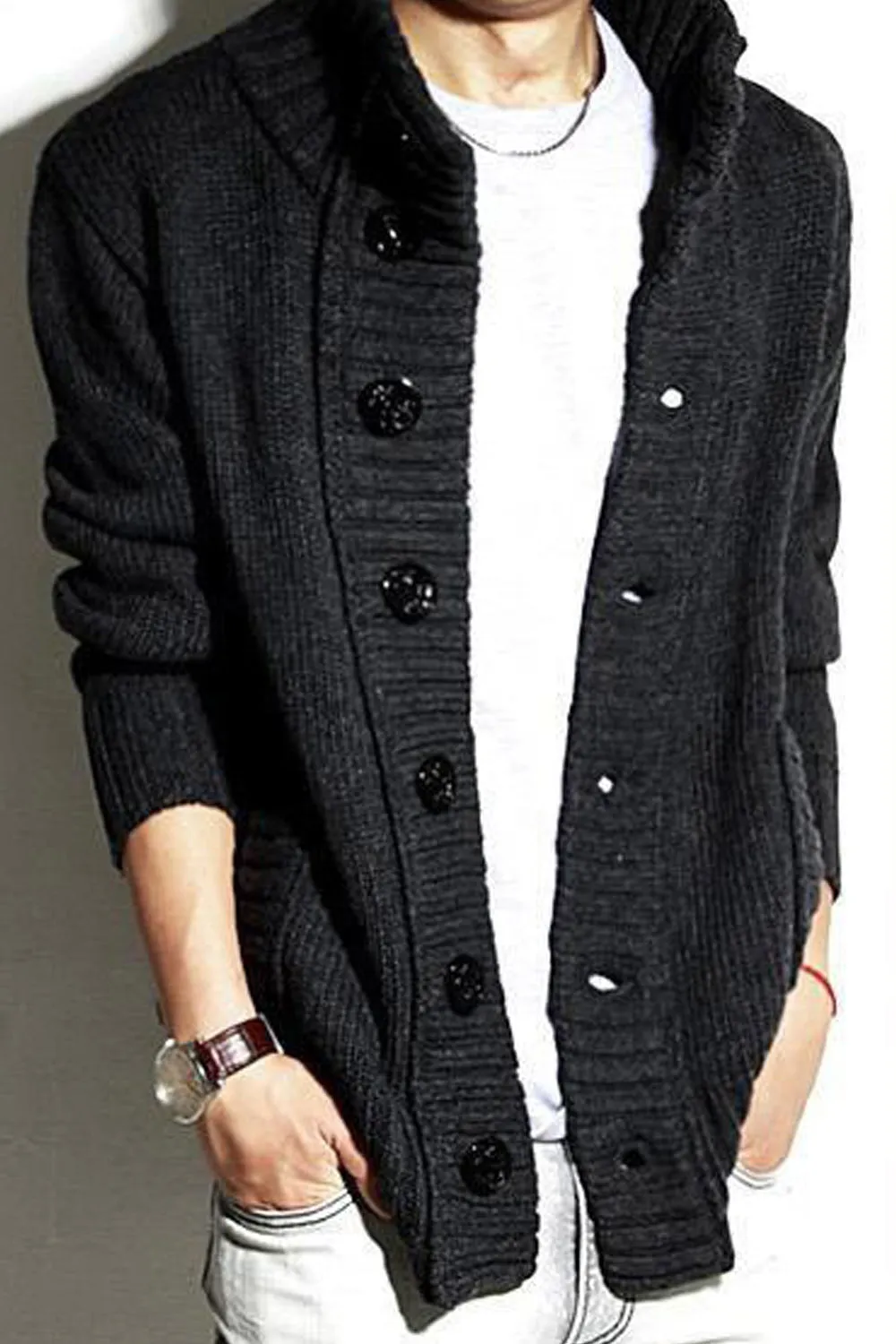 Men Warm Button Down Standing Collar Cashmere Cardigan - MC88780