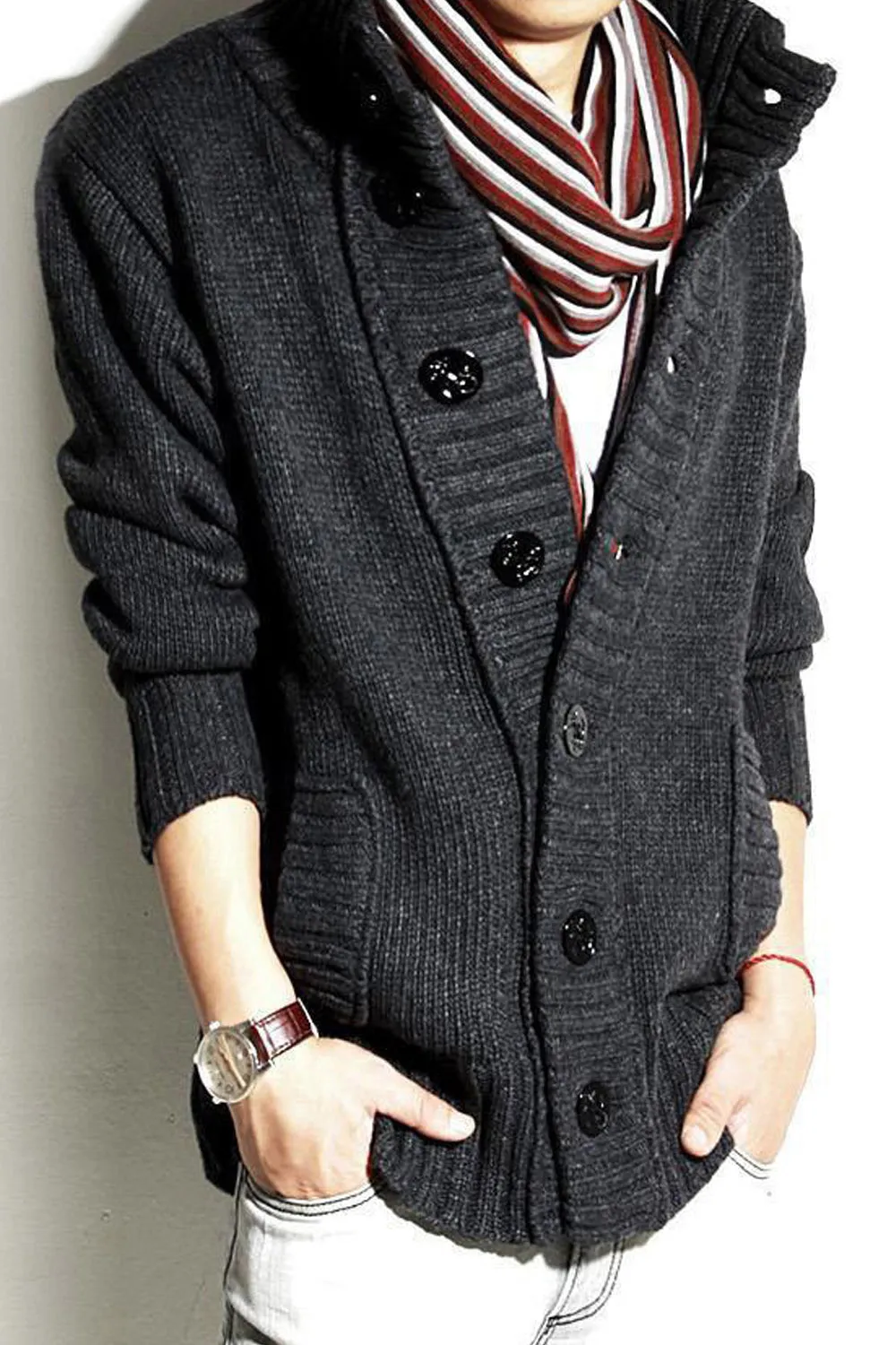 Men Warm Button Down Standing Collar Cashmere Cardigan - MC88780