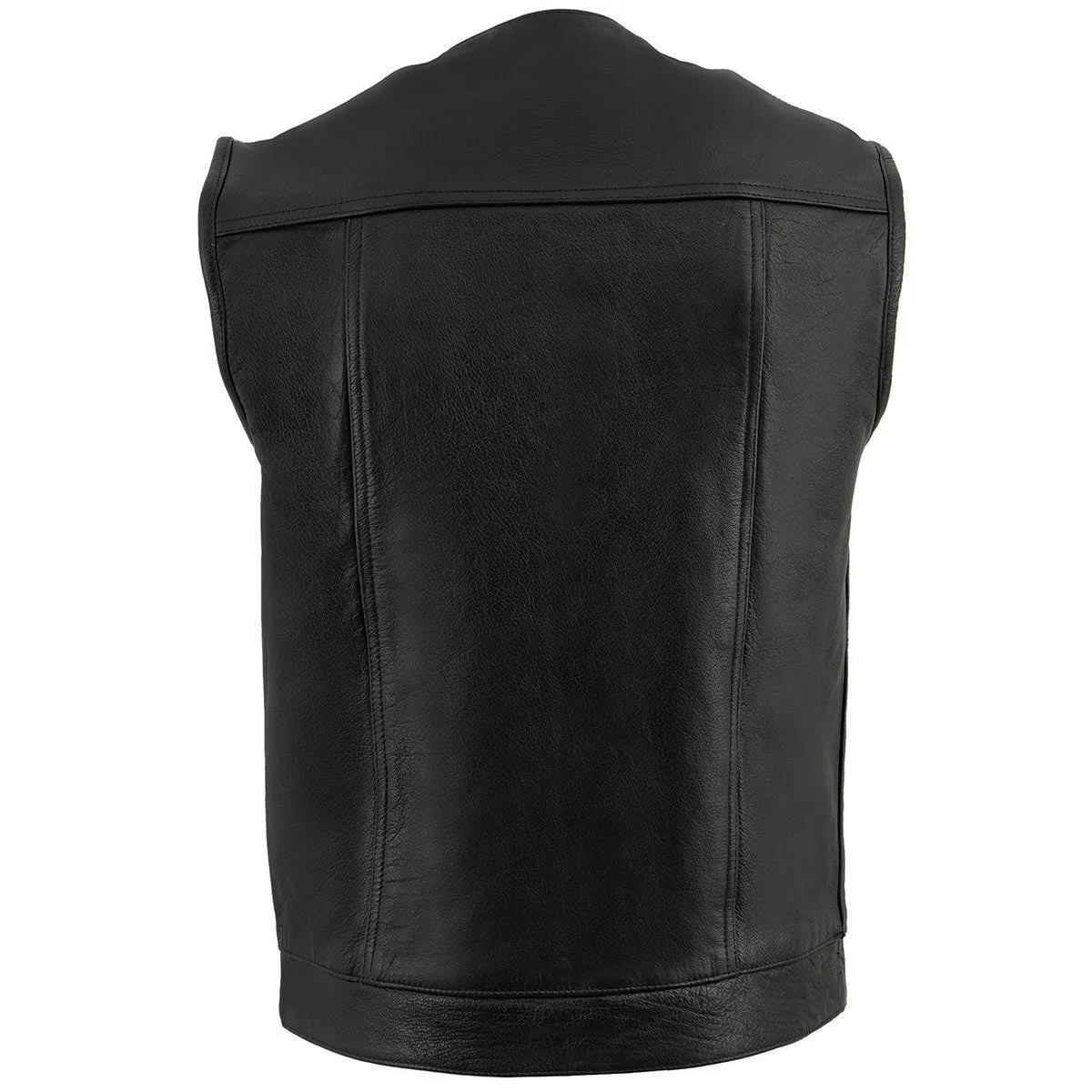 Milwaukee Leather LKM3721 Men's Black Leather Collarless Club Style Motorcycle Rider Vest w/Concealed Snap Closure