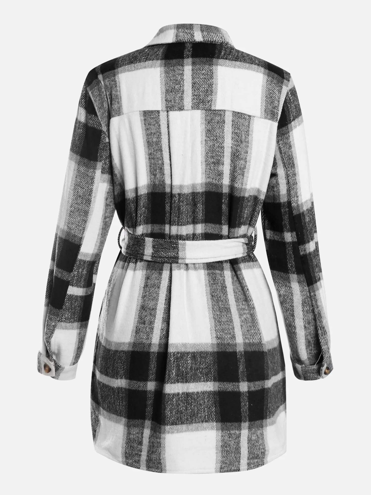 Plaid Thickened Wool Strapped Coat (Black)