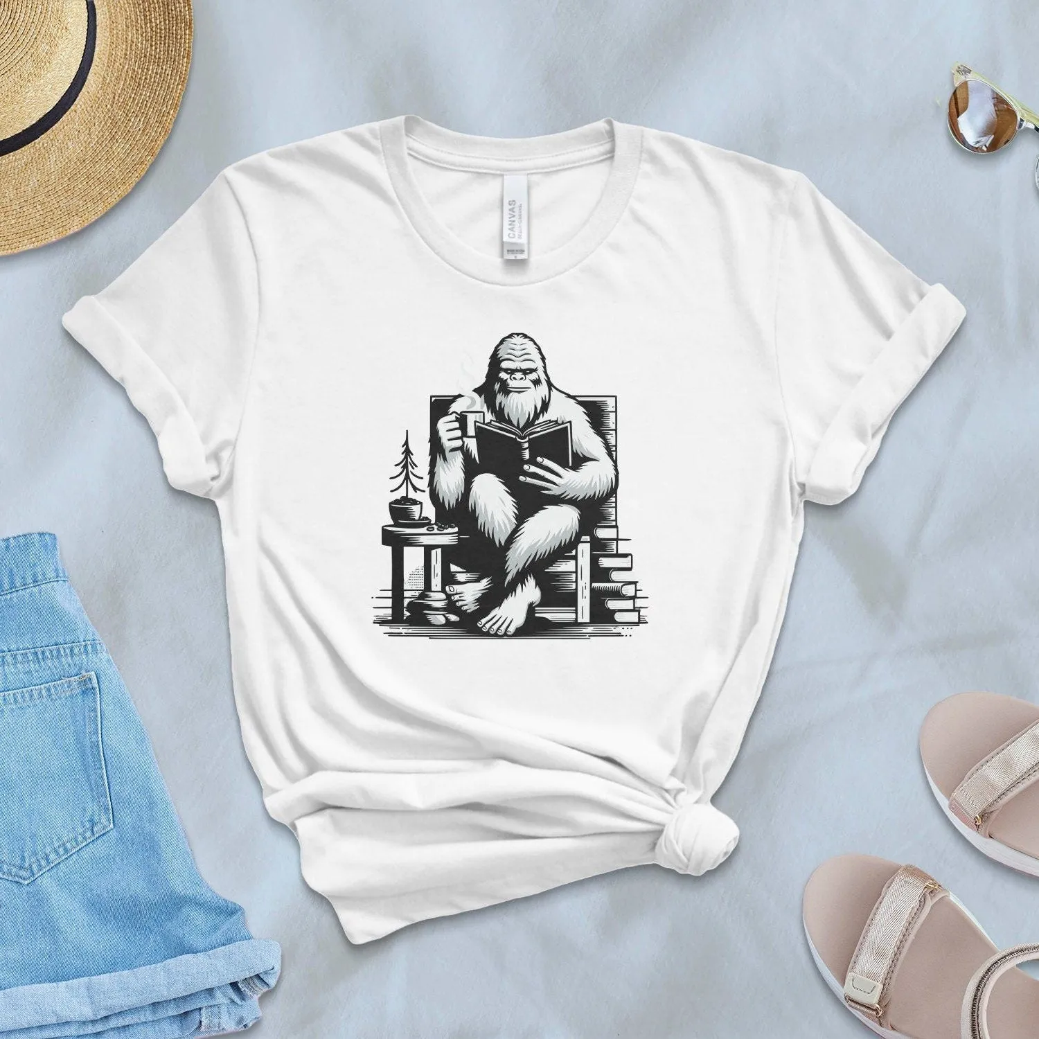 Reading Yeti Sweatshirt, Cozy Bigfoot Graphic Tee, Book Lover Gift, Cryptid Enthusiast Apparel, Coffee Lover Sweatshirt