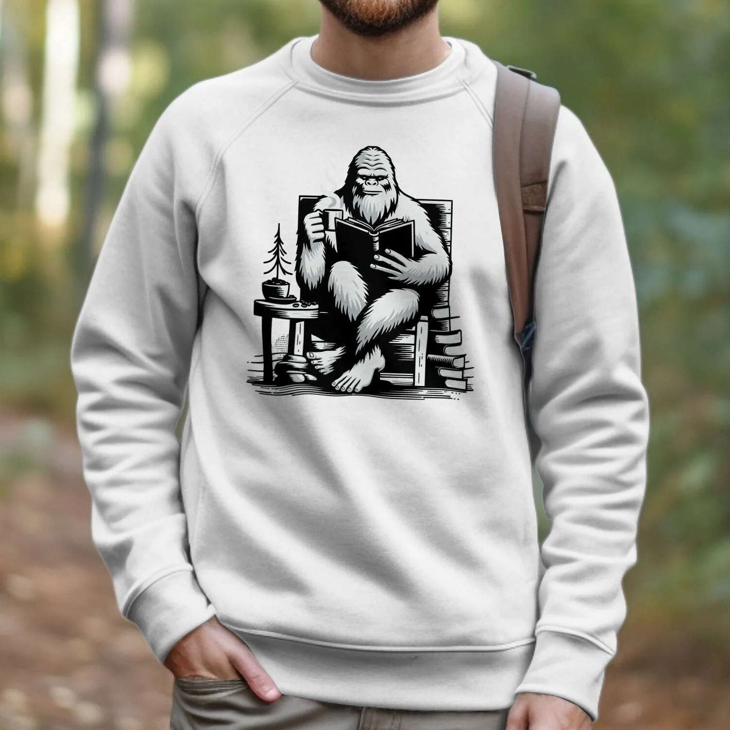 Reading Yeti Sweatshirt, Cozy Bigfoot Graphic Tee, Book Lover Gift, Cryptid Enthusiast Apparel, Coffee Lover Sweatshirt