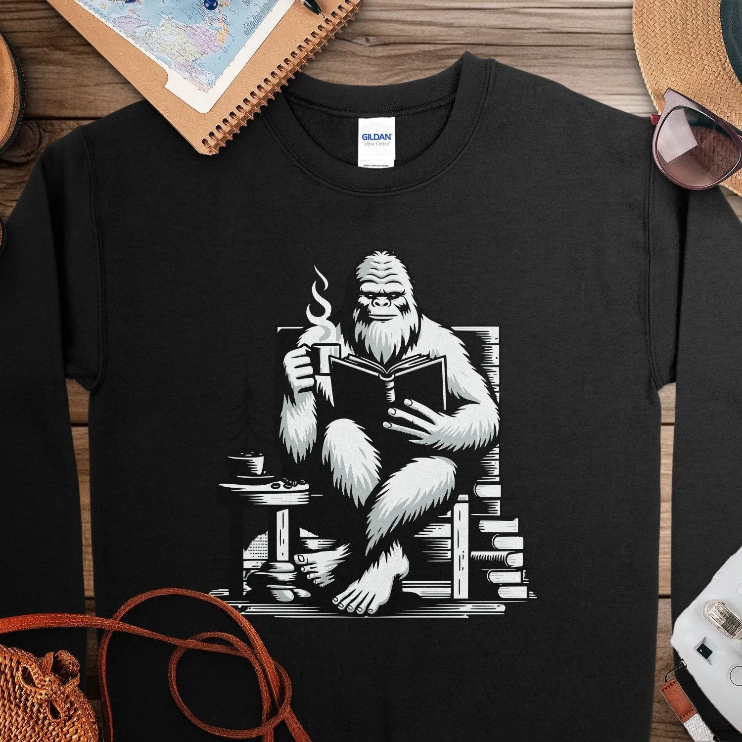 Reading Yeti Sweatshirt, Cozy Bigfoot Graphic Tee, Book Lover Gift, Cryptid Enthusiast Apparel, Coffee Lover Sweatshirt