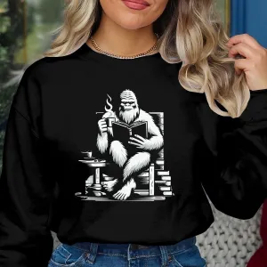 Reading Yeti Sweatshirt, Cozy Bigfoot Graphic Tee, Book Lover Gift, Cryptid Enthusiast Apparel, Coffee Lover Sweatshirt