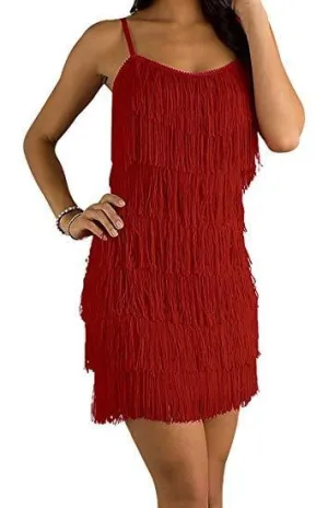 Red Color Women's Short All-over Fringe Flapper Dress