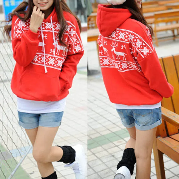 Winter Warm Girl Women Fleece Deer Print Jacket Outerwear Coat Hoodie Sweatshirt