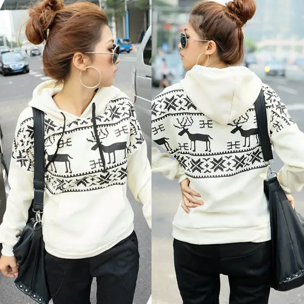 Winter Warm Girl Women Fleece Deer Print Jacket Outerwear Coat Hoodie Sweatshirt