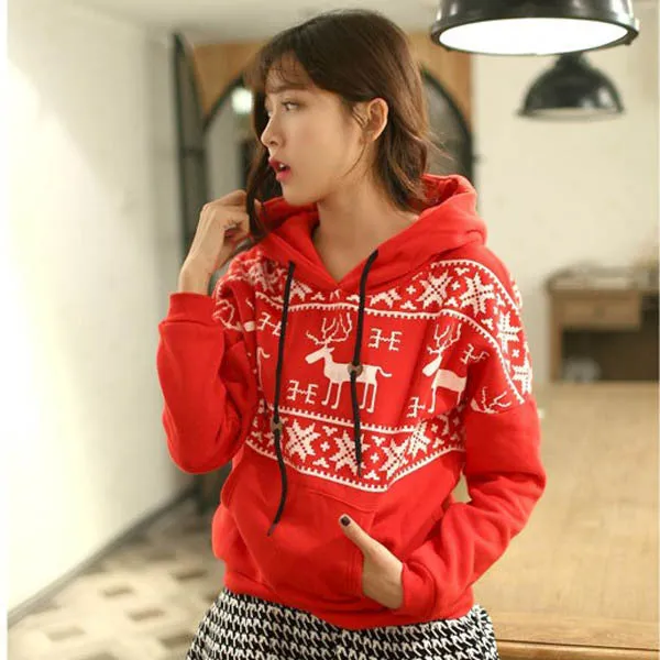 Winter Warm Girl Women Fleece Deer Print Jacket Outerwear Coat Hoodie Sweatshirt