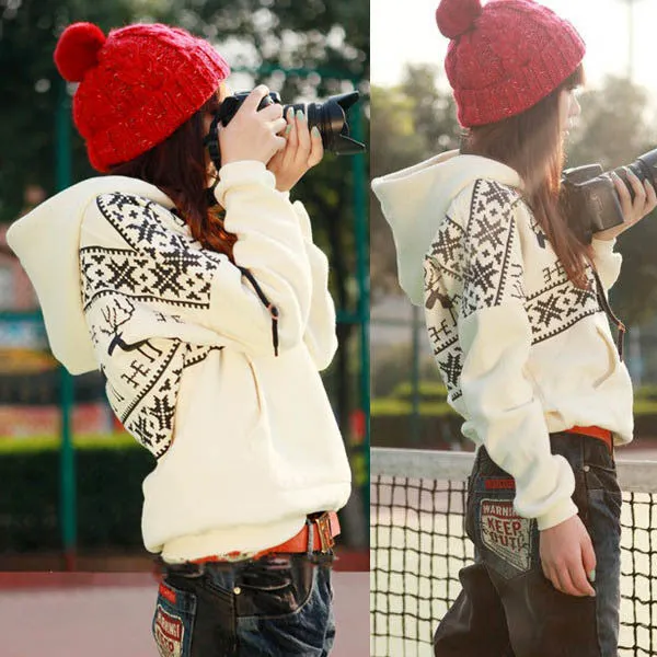 Winter Warm Girl Women Fleece Deer Print Jacket Outerwear Coat Hoodie Sweatshirt