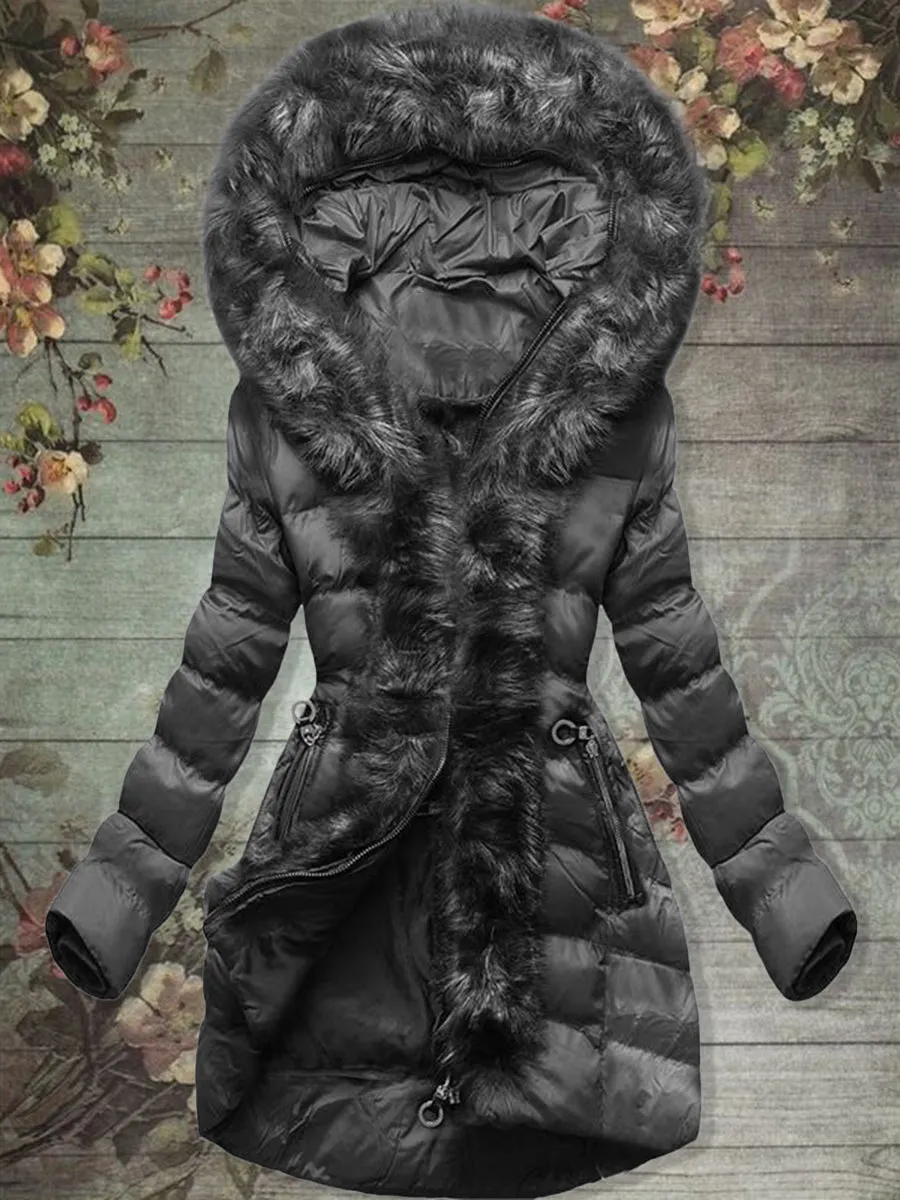 Winter Warm Solid Color Hooded Jacket Coat with Fur