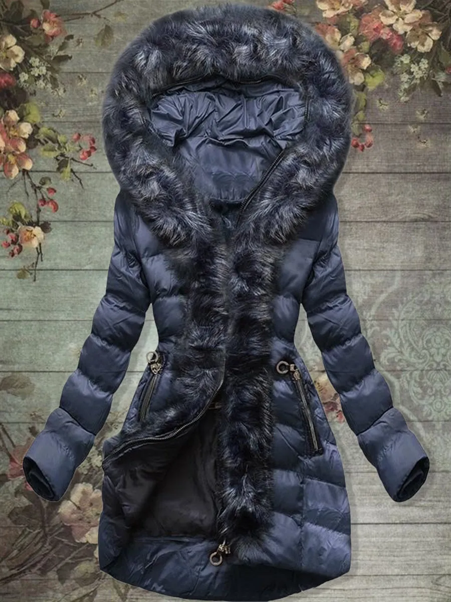 Winter Warm Solid Color Hooded Jacket Coat with Fur