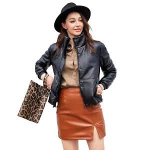 Women Autumn Winter Leather Cotton Coats Fashion Bread Jacket Thick Warm Outerwear - WJK2612