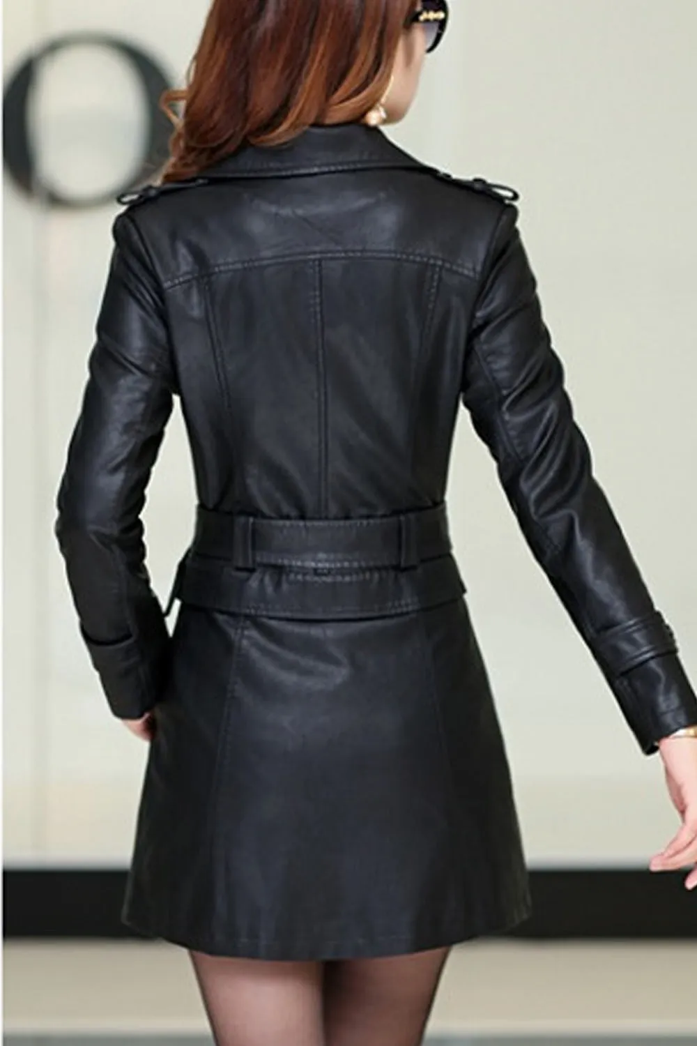 Women Big Collar Solid Pattern Long Sleeve Breathable Leather Jacket - WJK89733