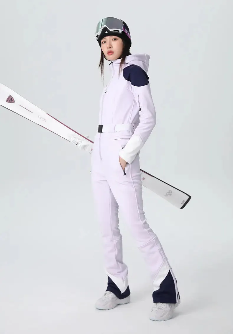 Women Fitted Stretch Ski Jumpsuit Elegant One-piece Flare Snowsuits